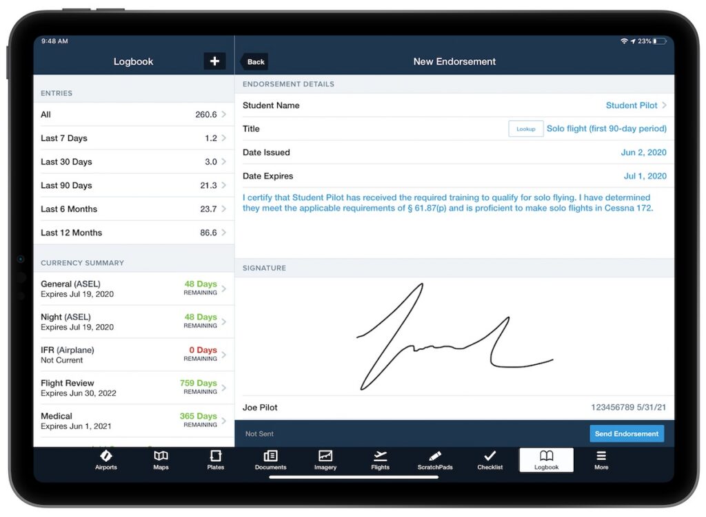 ForeFlight Logbook on iPad showing a new instructor endorsement with digital signature and Send Endorsement button