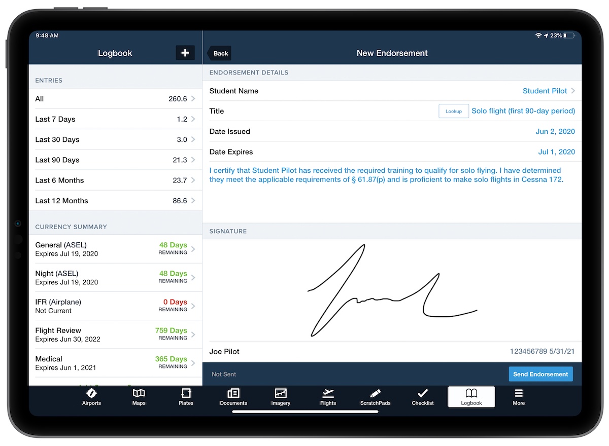 ForeFlight Logbook on iPad showing a new instructor endorsement with digital signature and Send Endorsement button