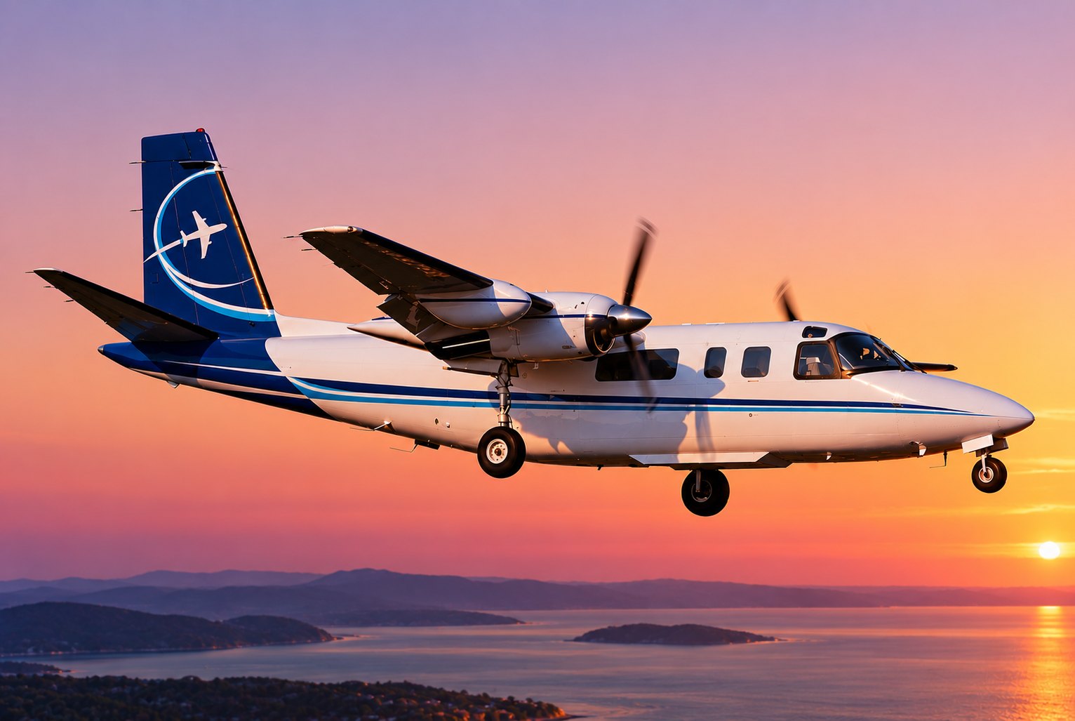 Rockwell Turbo Commander twin turboprop in flight at sunset