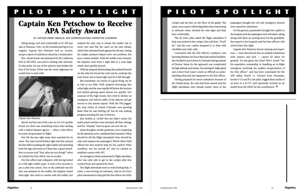 Flightline Pilot Spotlight article, Captain Ken Petschow to Receive APA Safety Award, pages 24 and 25